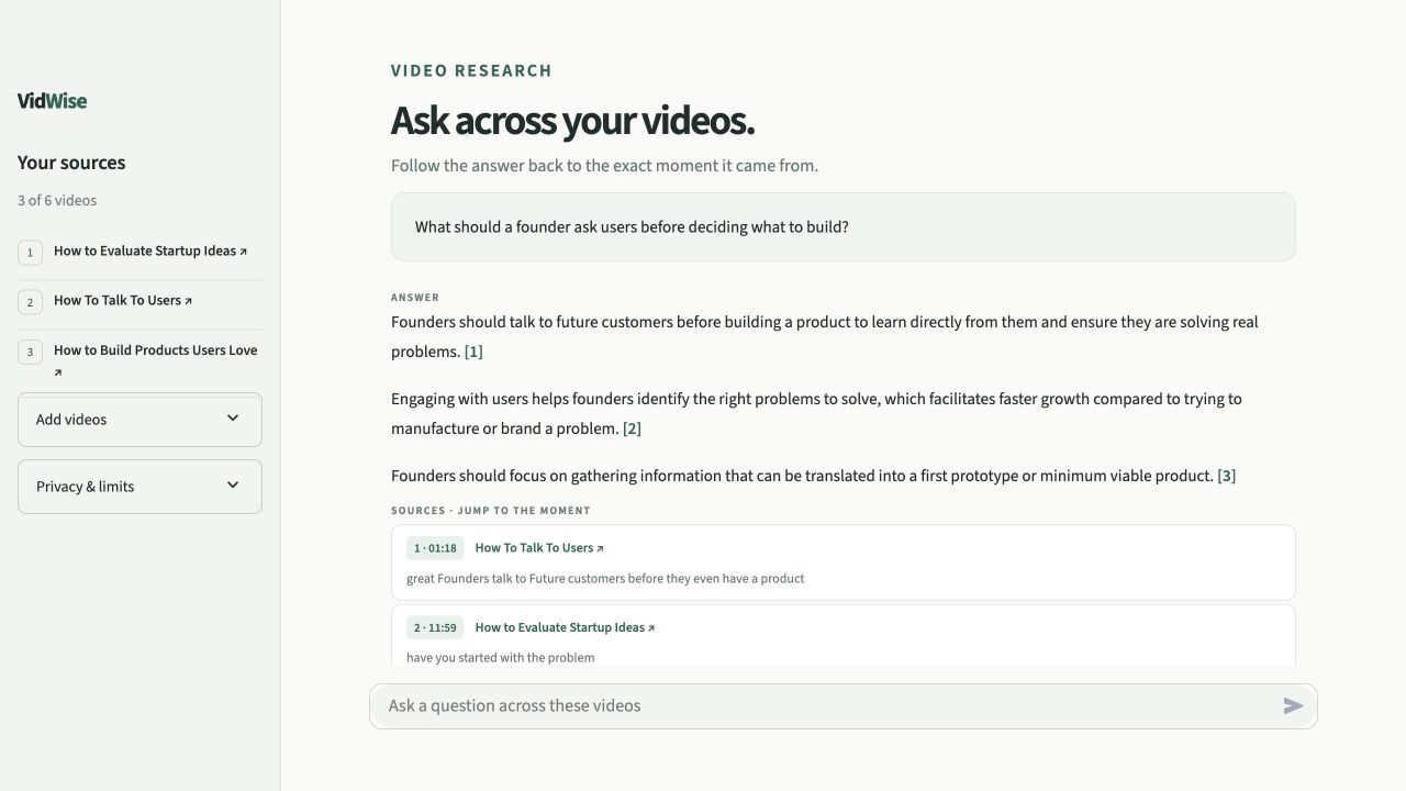 VidWise UI preview showing a source sidebar, a recorded research answer and timestamp cards